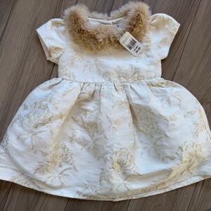 NWTLots of Love By Speechless Gold Jqrd Faux Fur Collared dress 24M.